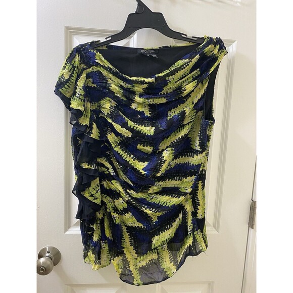 Etcetera Women’s 12 Yellow And Blue Floral Sleeveless Blouse Ruffle - Picture 1 of 12